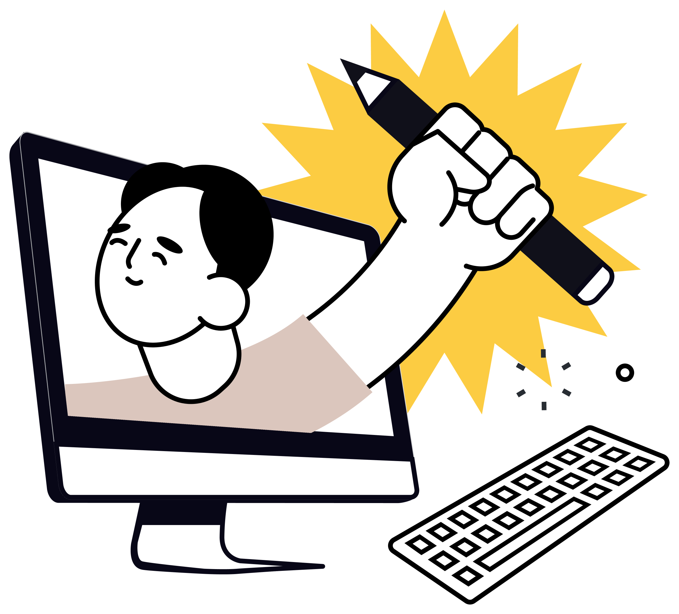 An illustration of a person with short hair smiling while looking at a laptop screen. The person is holding a pen or marker in one hand, which is extending out of the laptop's display. The background has a yellow starburst pattern, and there is a keyboard visible at the bottom of the image.