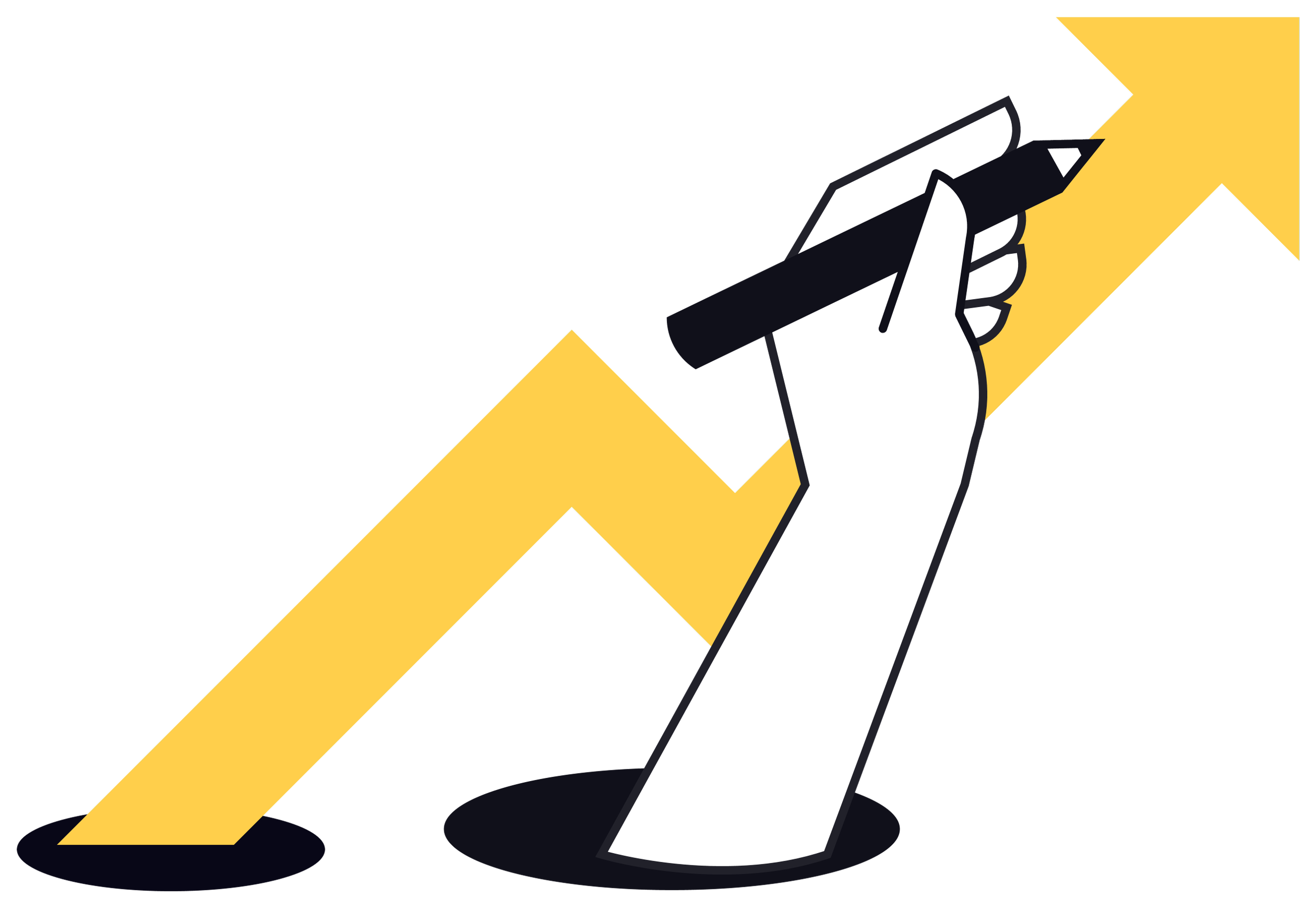 A black and white illustration of a hand holding a marker, writing on a yellow diagonal arrow pointing to the right.
