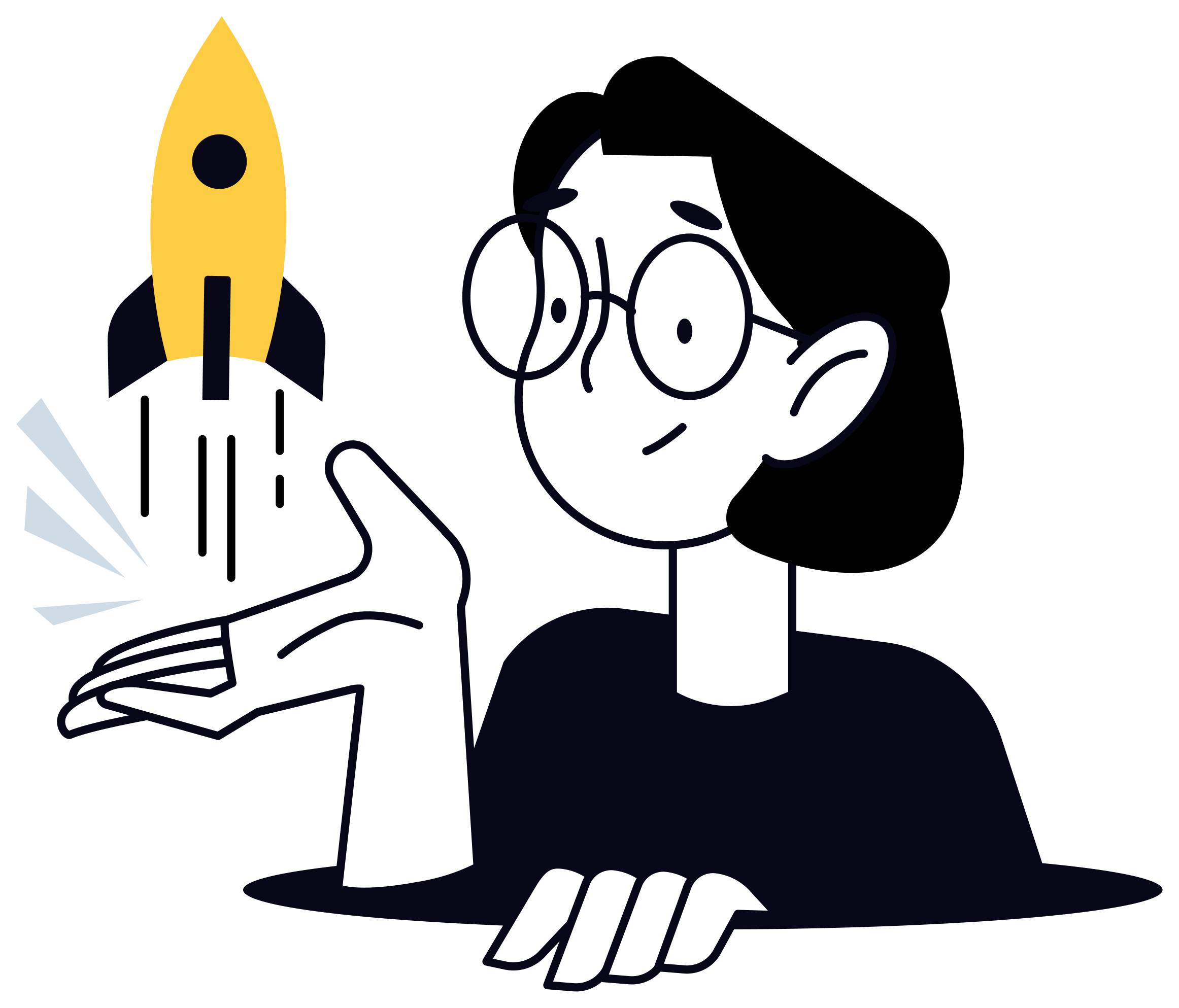 Cartoon image of a person with glasses, black hair, wearing a black shirt, holding a yellow rocket in one hand that has just taken off.