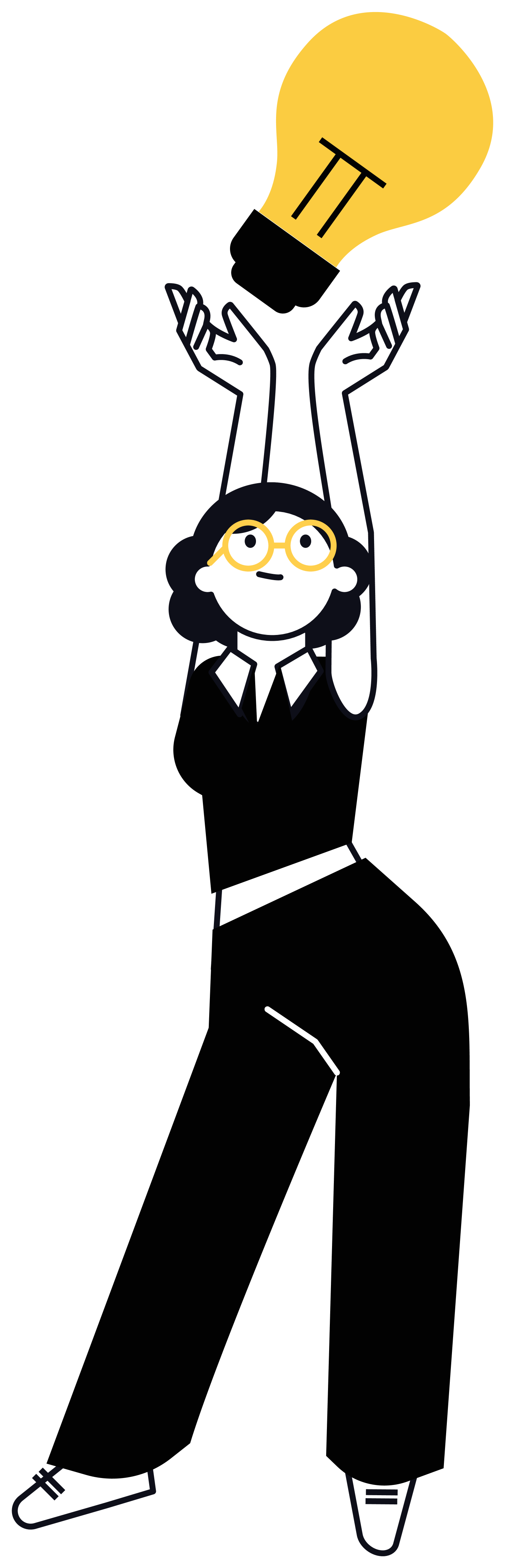 A cartoon person with glasses, wearing a black outfit, holding a yellow lightbulb above their head, looking upward with a smile.