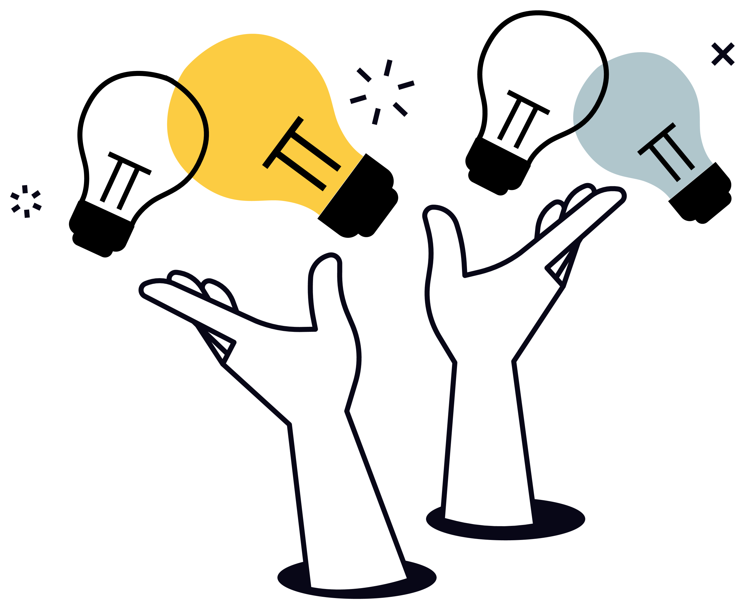 An illustration of two hands, one white and one black, holding two fists of different colored balls, one yellow and one gray, with a dark background. Represents the concept of Lagniappe Hours.