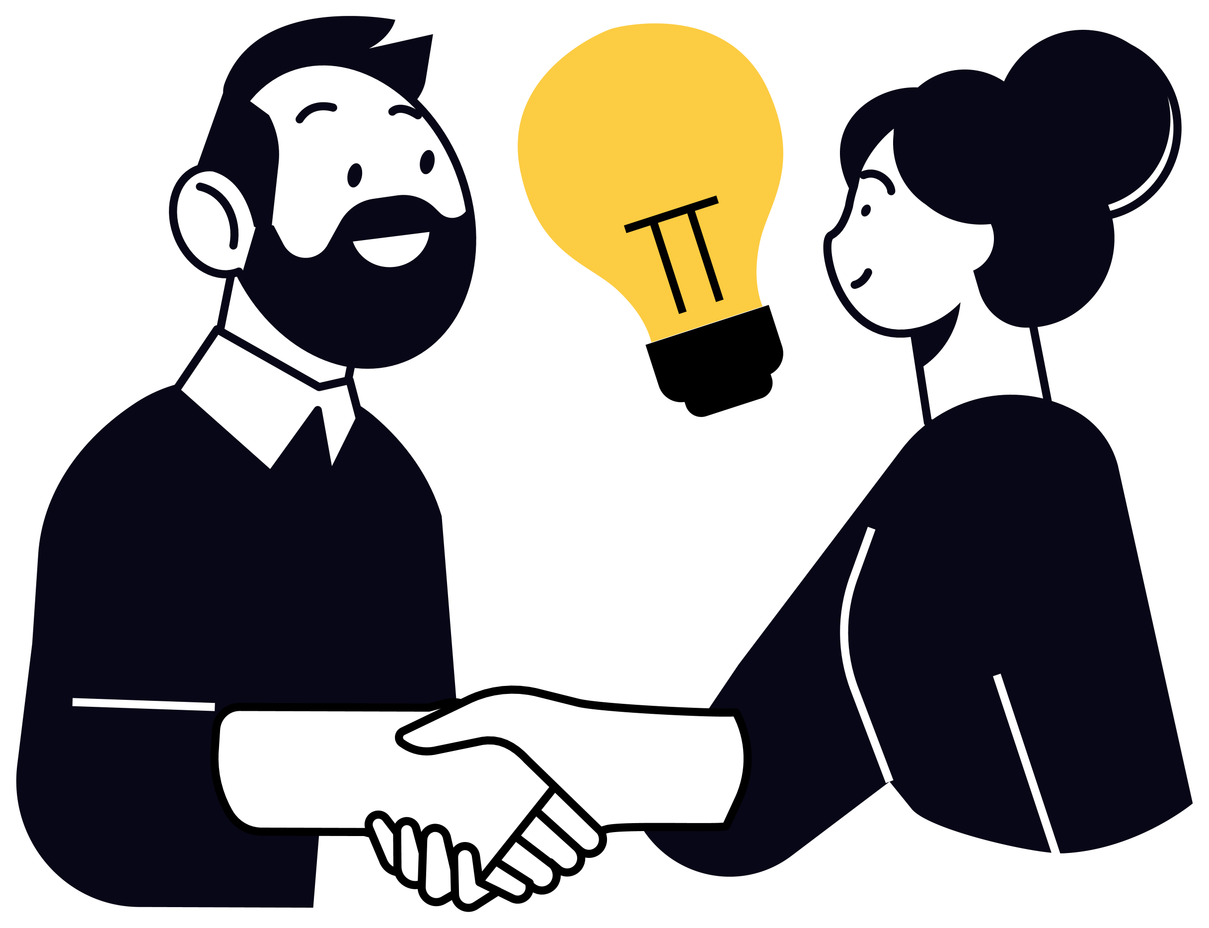 Black and white cartoon illustration of a man and a woman shaking hands, with a yellow light bulb floating above them.