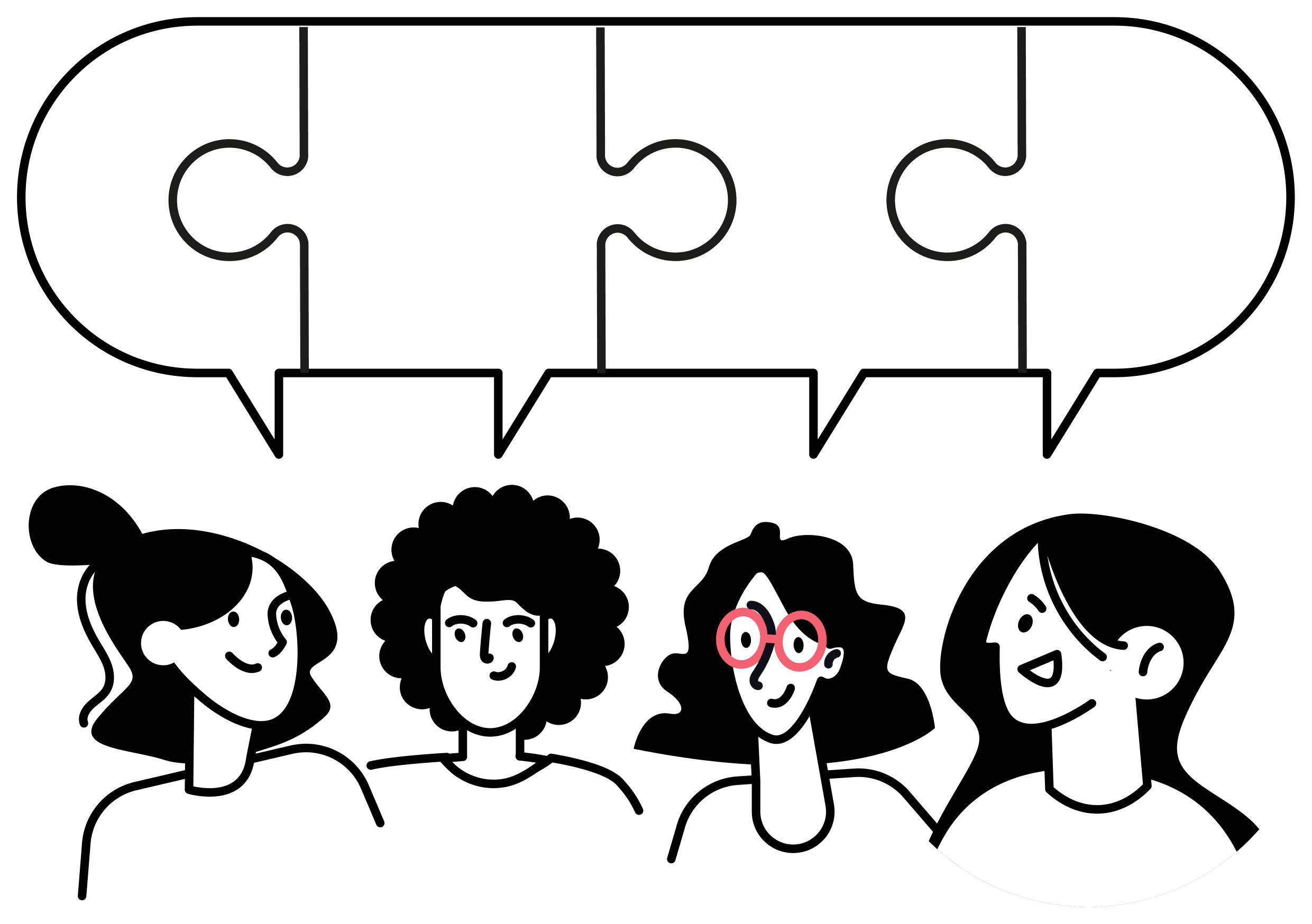 Illustration of a group of five diverse people talking, with a large speech bubble above them.