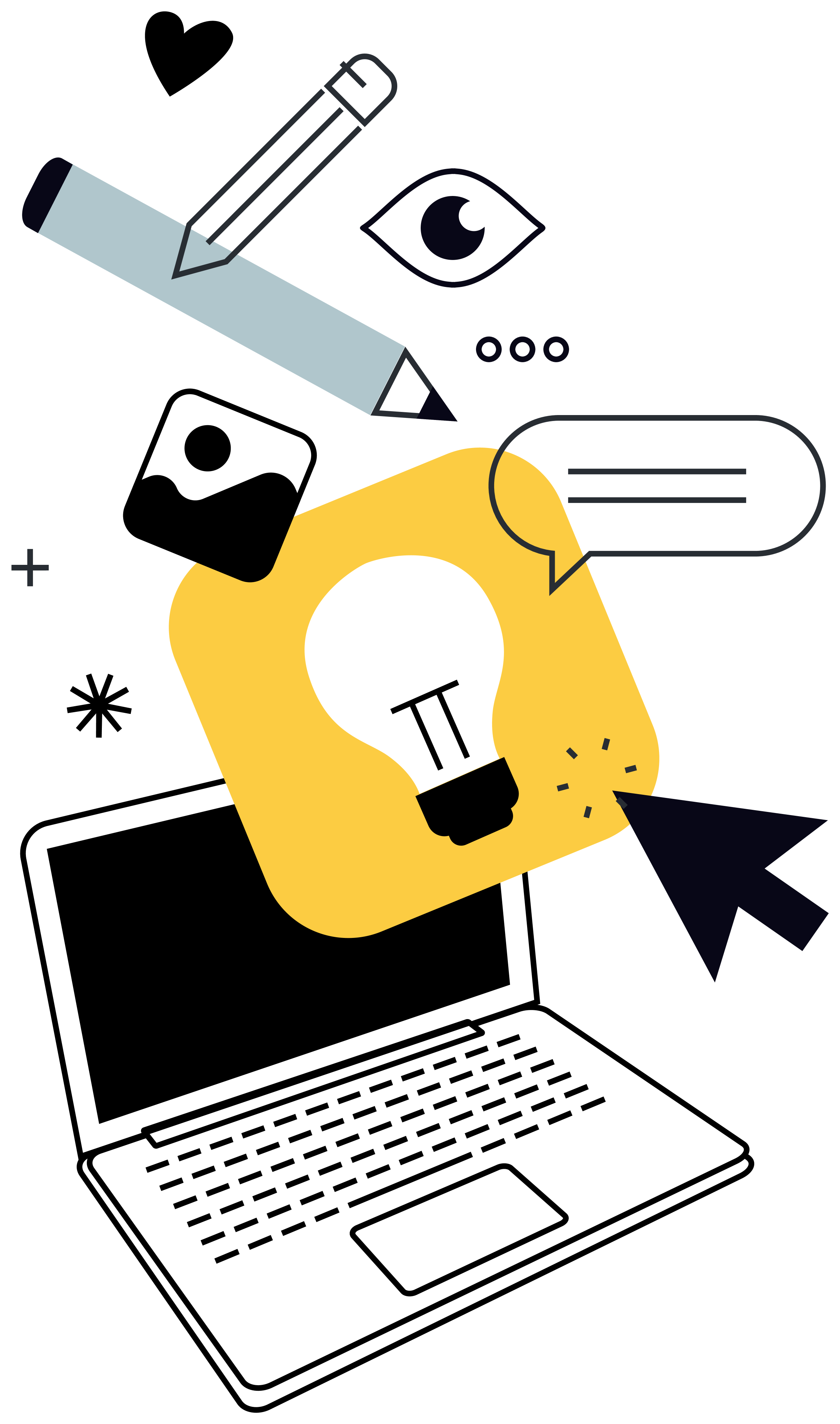 Illustration of an open laptop with a keyboard and touchpad, surrounded by icons of a pen, eye, chat bubble, and arrow on a black background.