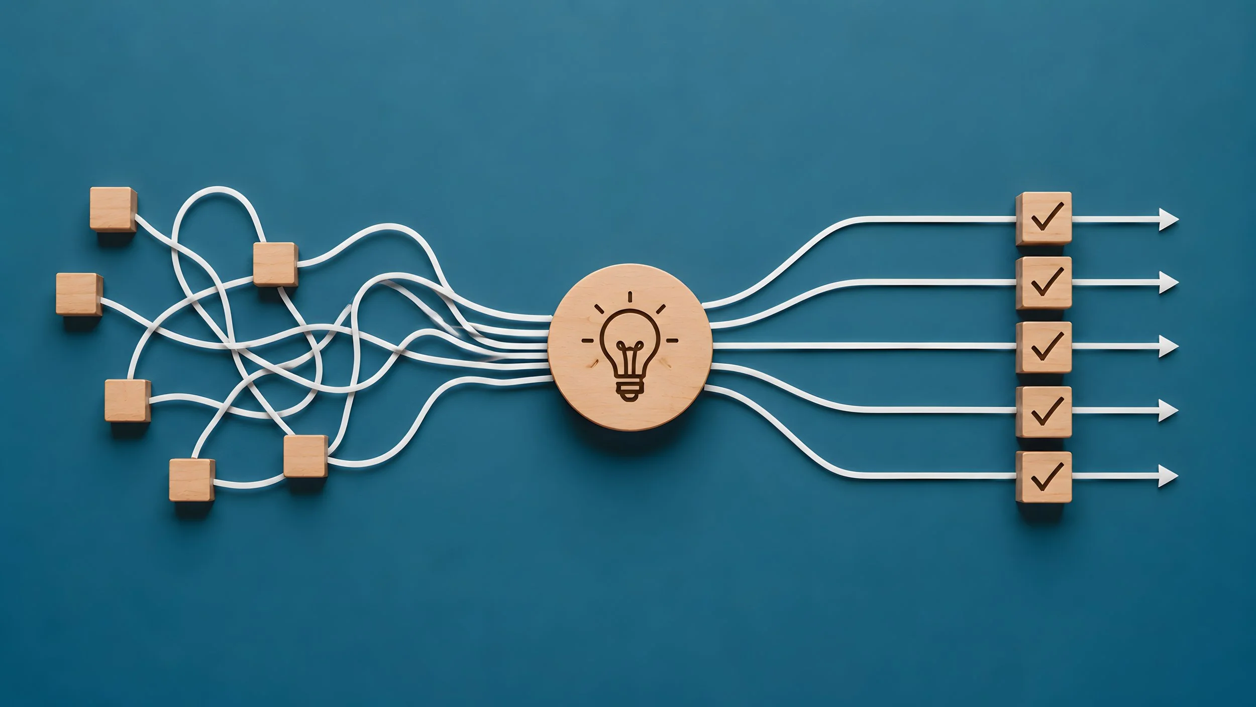 Multiple tangled white cords connected to wooden blocks, leading to a central lightbulb icon, then branching out to checkmark blocks on the right on a blue background, symbolizing ideas and organization.