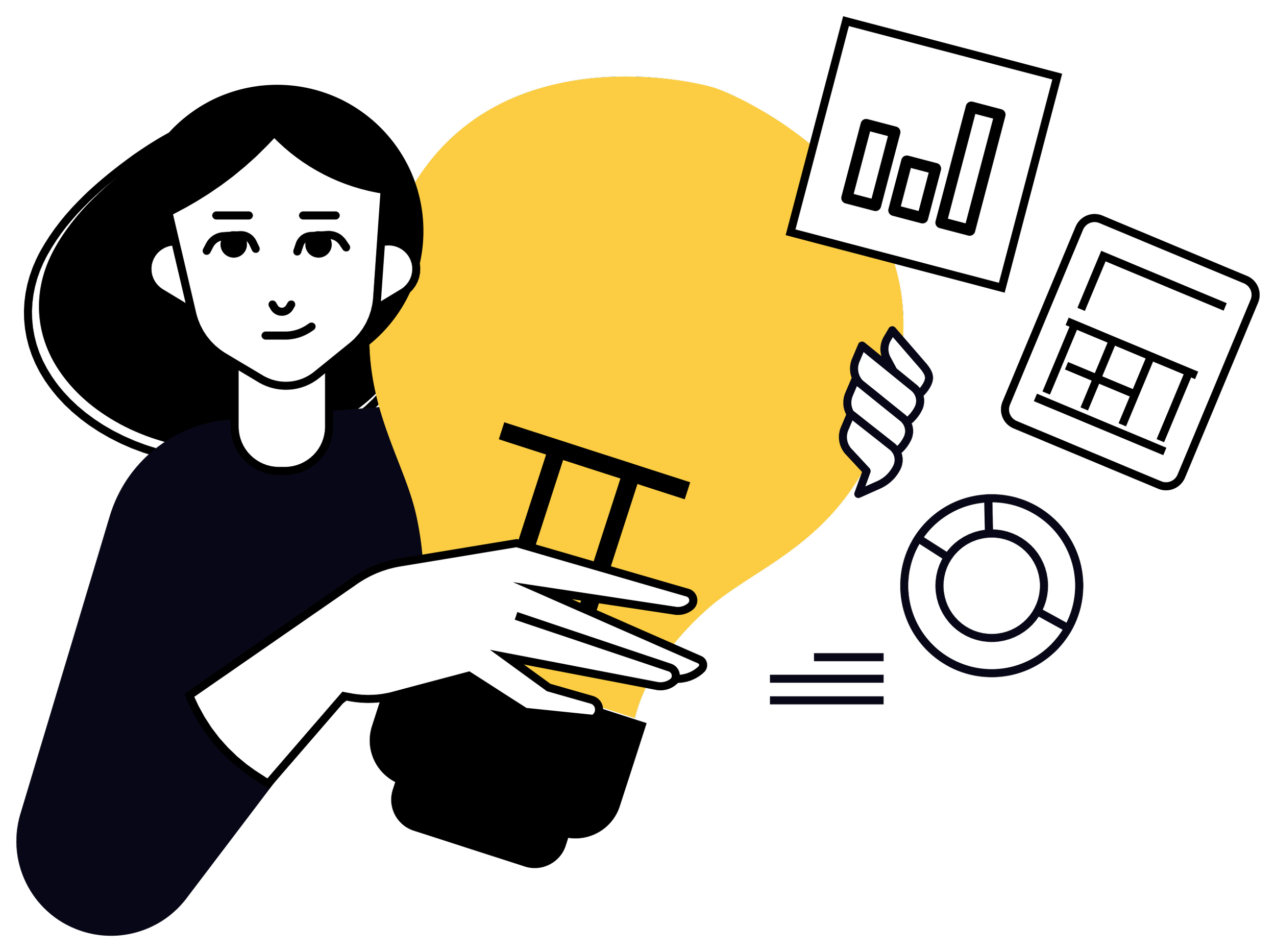 A person holding a yellow lightbulb plus an object with a bar graph on it.