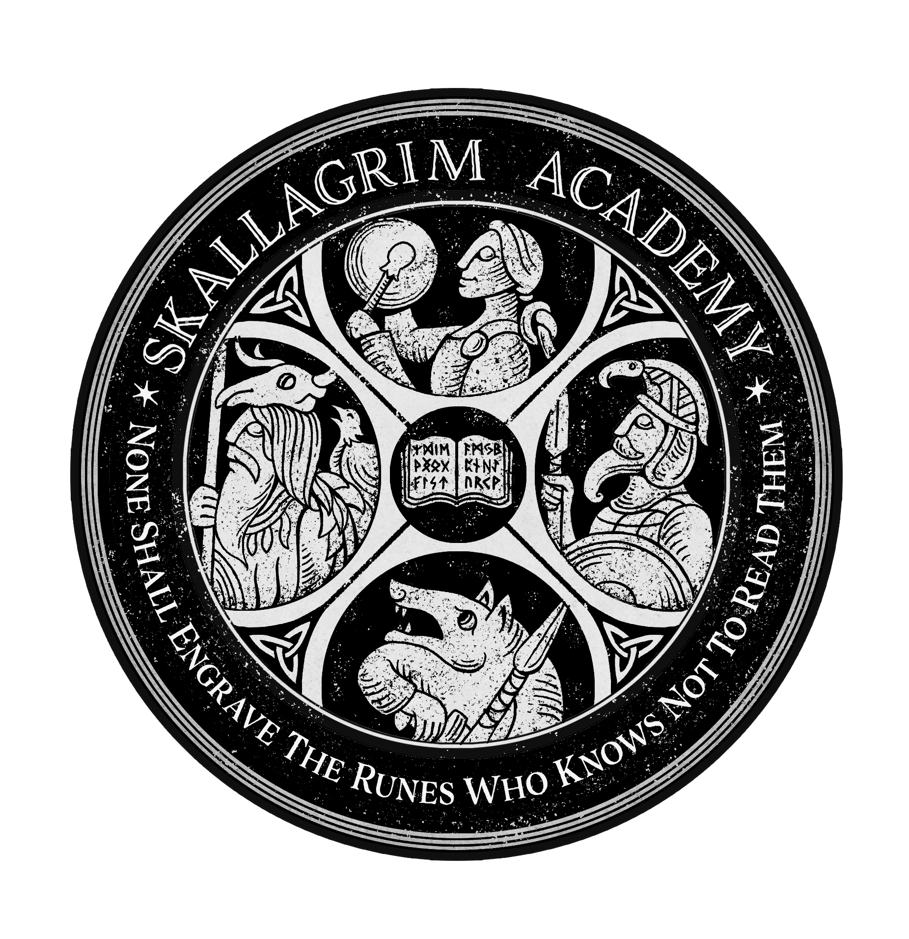 A black and white circular emblem for the Skallagrim Academy with Viking and Norse mythology imagery, including a crow, a wolf with a spear, a man with a helmet, and a woman with a wand, and runes in the center.
