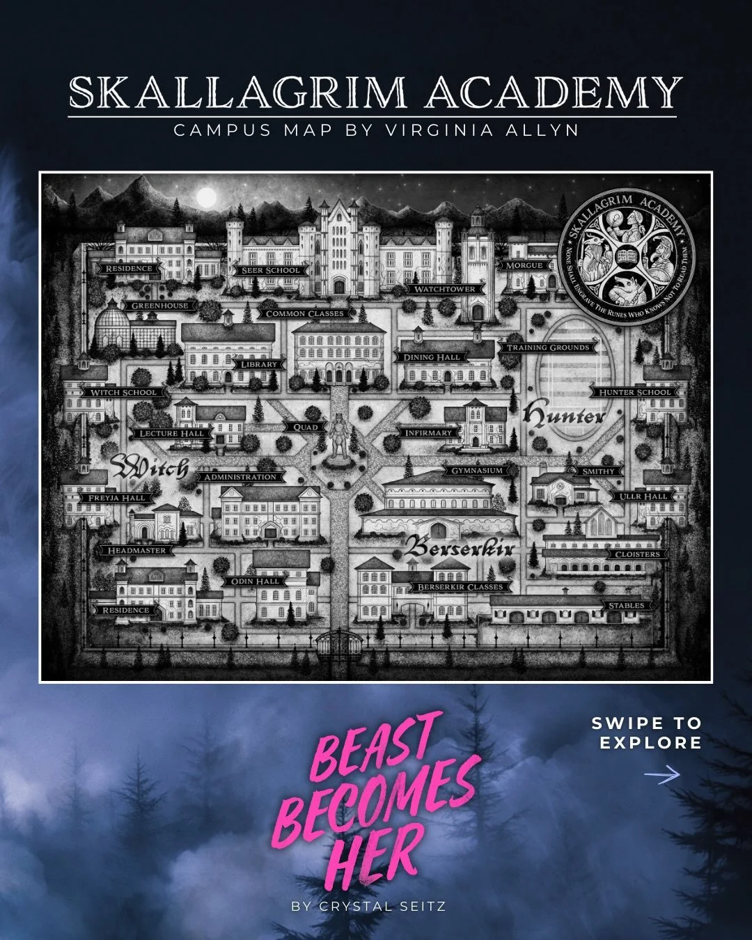 💖 MAP REVEAL 💖 How gorgeous is this incredible map by @virginiaallyn? 

Take a look around Skallagrim Academy, a modern school for ancient magic that&rsquo;s hidden in the Icelandic wilderness. 👀 Skallagrim welcomes all types of sei&eth;r praction