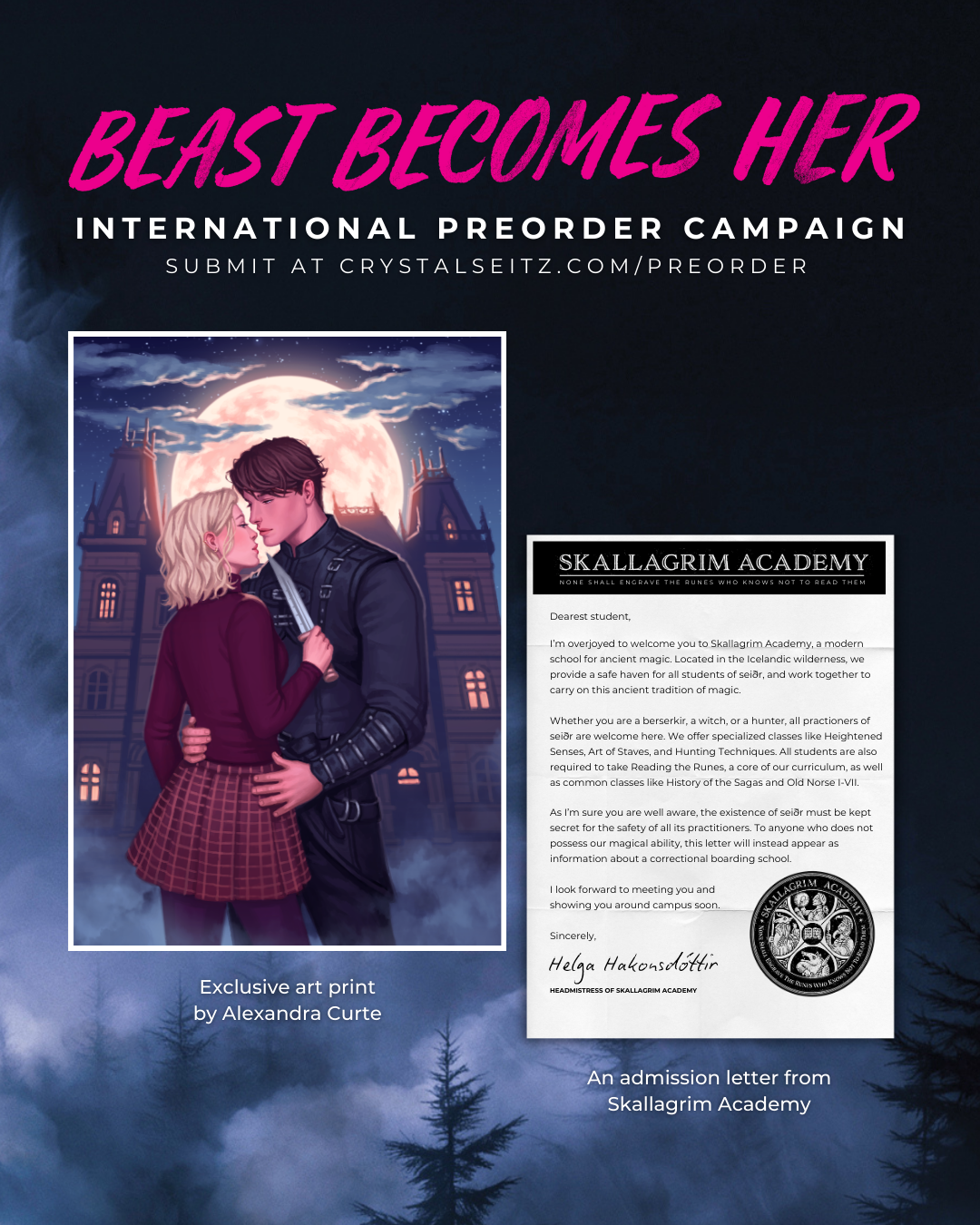 A promotional poster for Skallagrim Academy featuring a digital illustration of a young woman and man with a full moon and castle in the background, and an official acceptance letter from the academy.