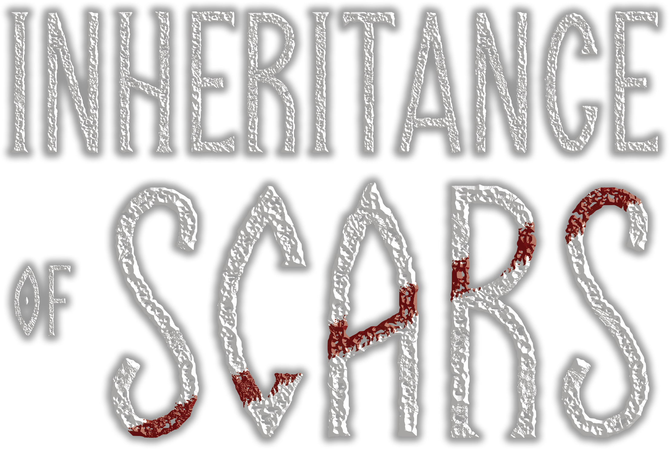 A poster with the text 'INHERITANCE OF SCARS' in large, textured white and red letters on a black background.