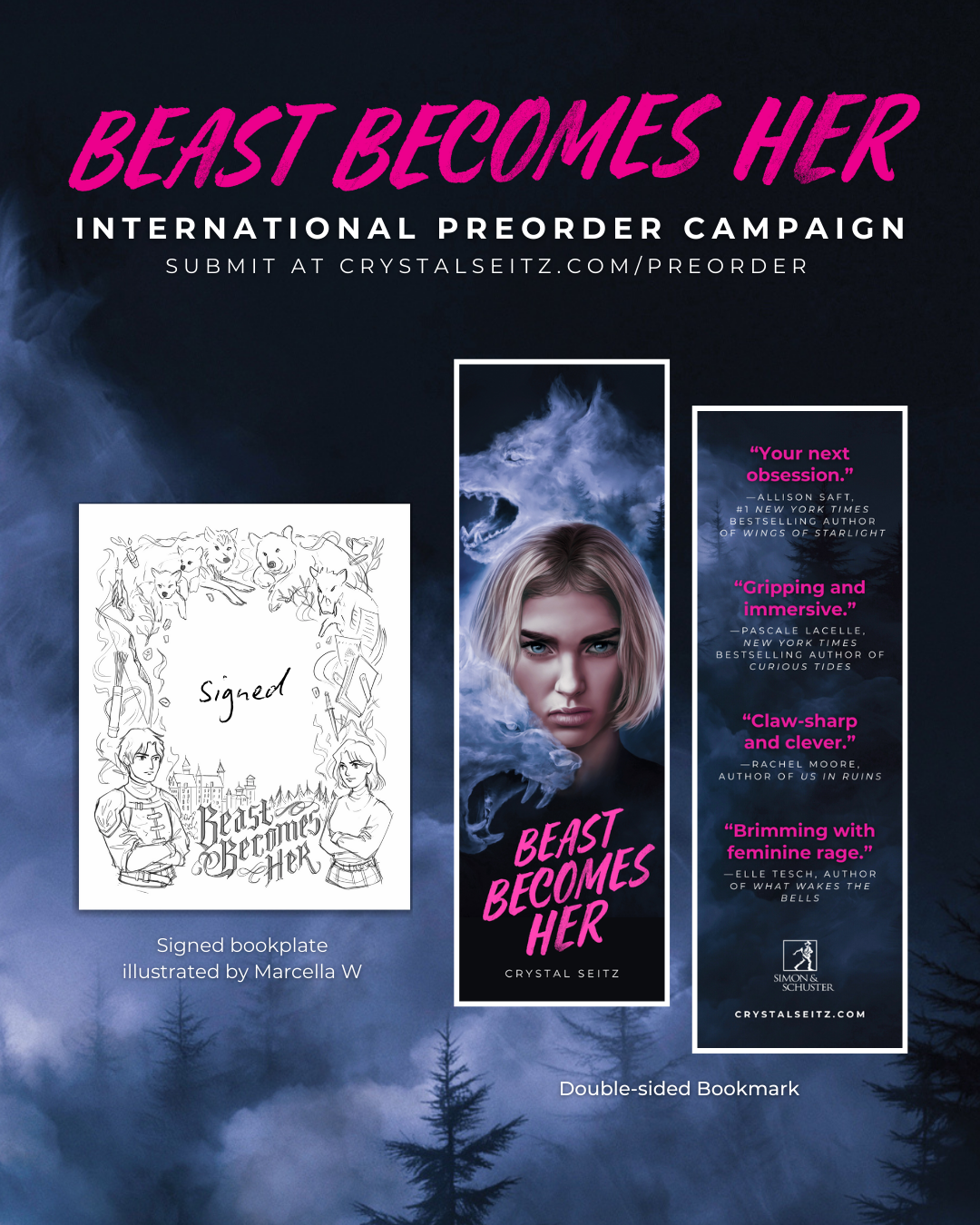 Promotional poster for the book "Beast Becomes Her" featuring the book cover with a woman's face surrounded by smoke, a signed illustrated bookplate with character sketches, and a double-sided bookmark with quotes from reviews.
