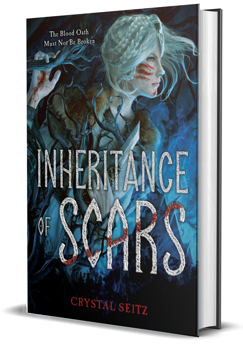 Book cover titled "Inheritance of Scars" by Crystal Seitz, featuring a fantasy illustration of a woman with braided blonde hair, facial paint, and a wolf pelt, surrounded by dark forest and blue mist, with the subtitle "The blood oath must not be broken."