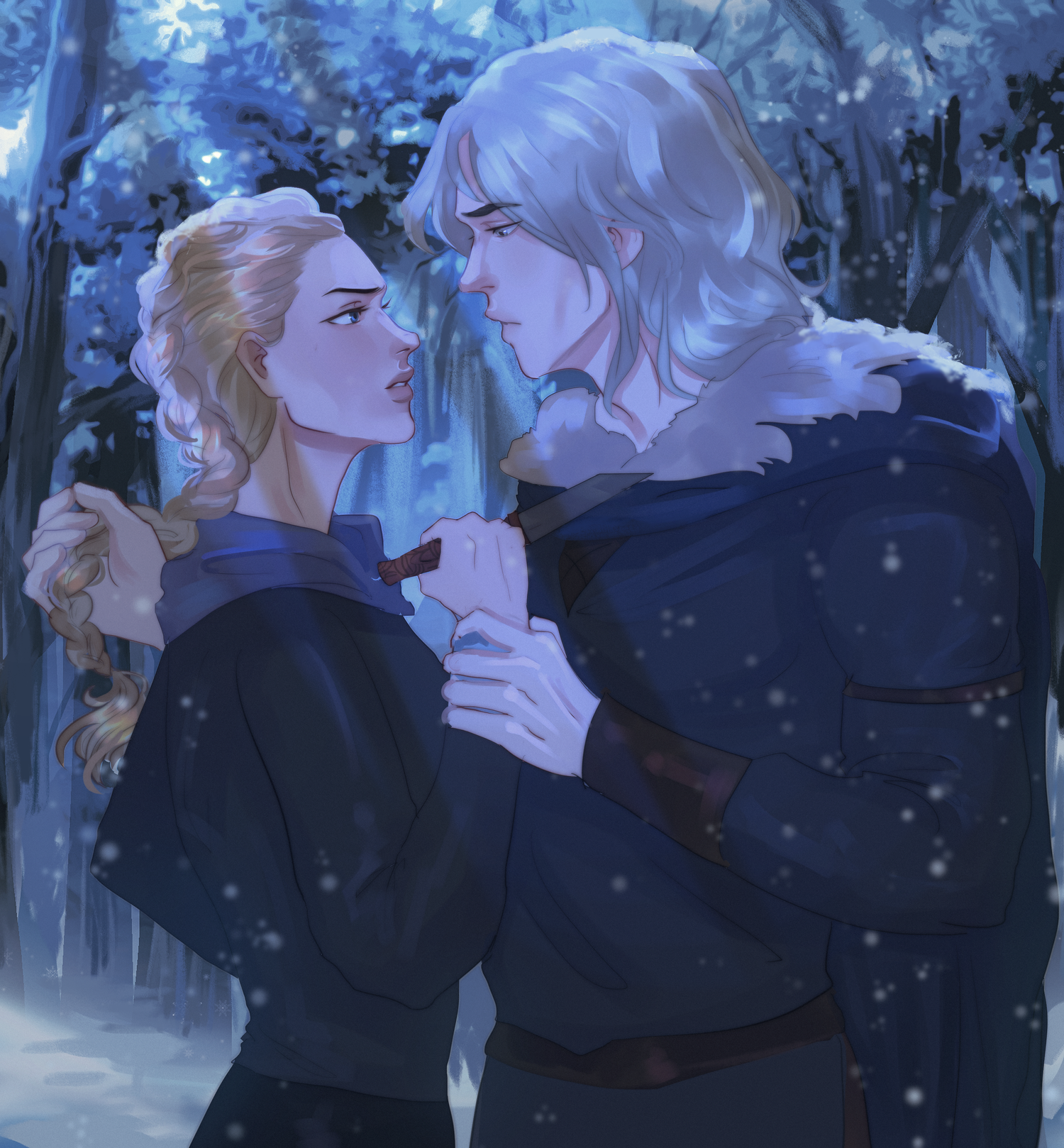 Two characters with long, silver and blonde hair are facing each other in a snowy forest. The male character is holding a dagger close to the female character's chest, and they are gazing intensely at each other.