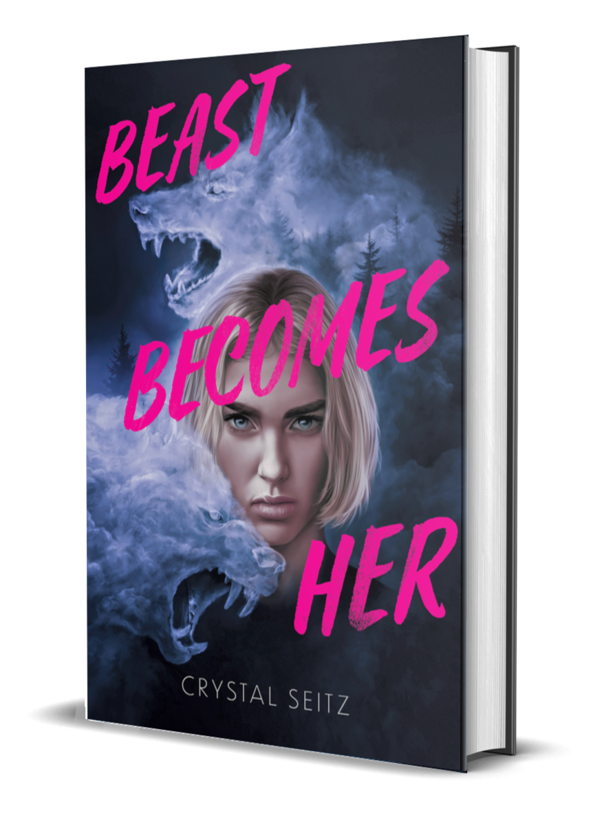 A book cover titled "Beast Becomes Her" by Crystal Seitz, featuring a woman with blonde hair and piercing eyes, with a wolf and bear made of fog emerging behind her, surrounded by a misty, forested background.