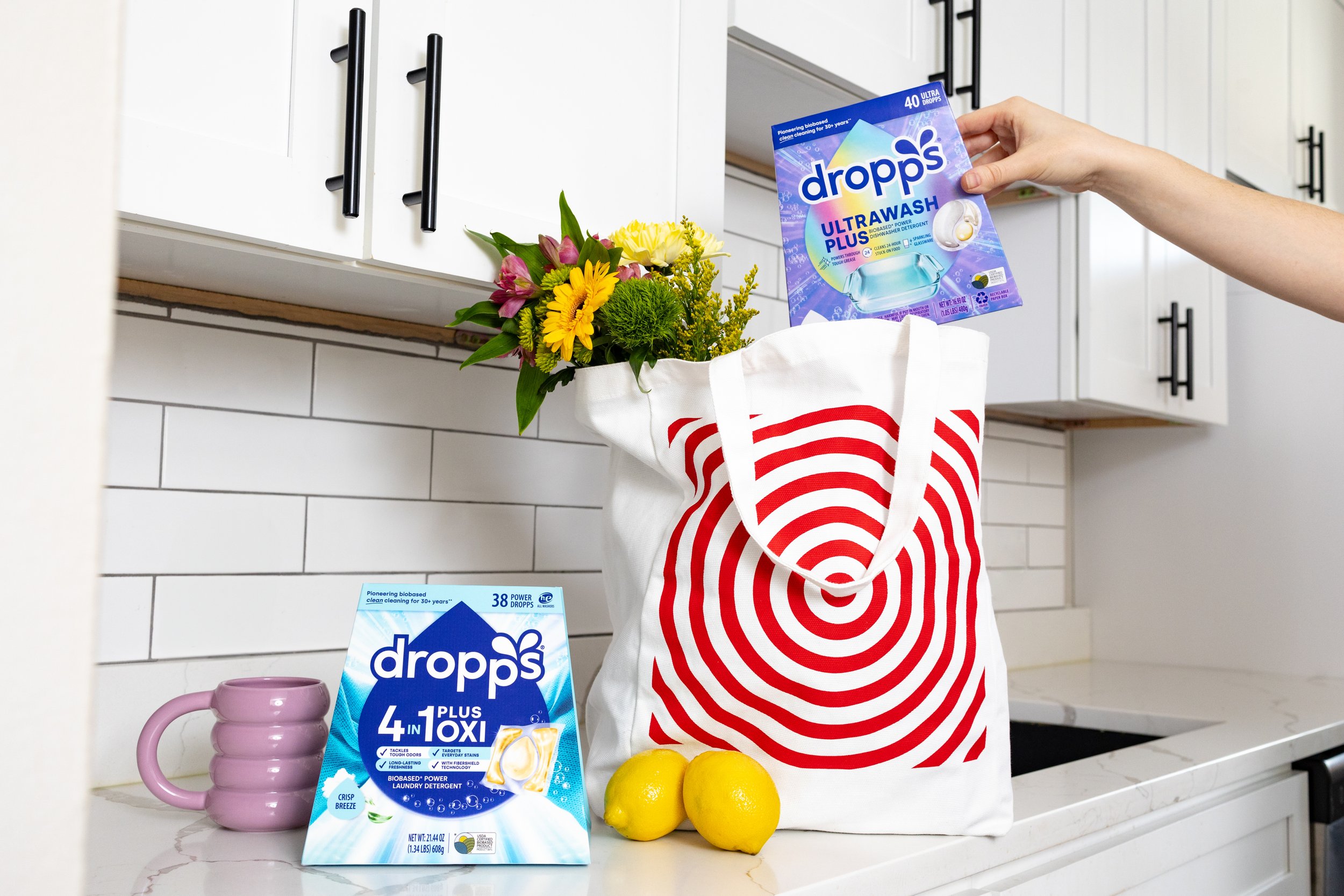 Dropps laundry detergent, target bag, floral bouquet lifestyle branding Brea Photography