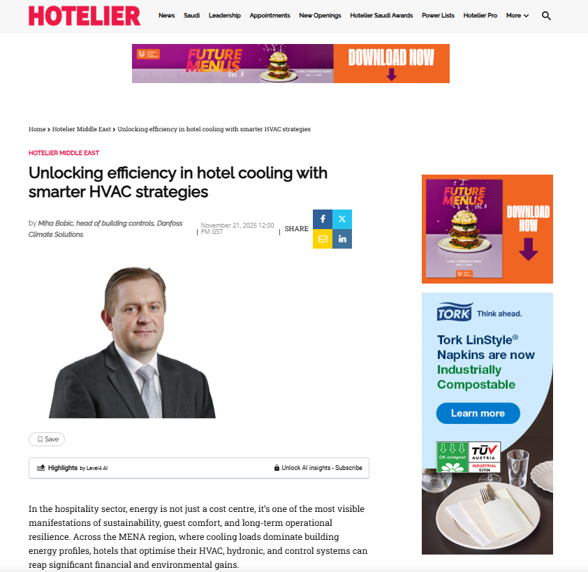 Hotelier Middle East article, "Unlocking efficiency in hotel cooling with smarter HVAC strategies."