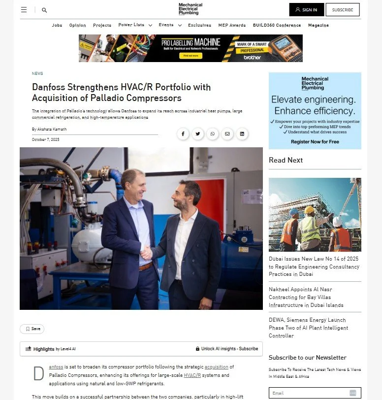Mechanical Electrical Plumbing Middle East article, "Danfoss Strengthens HVAC/R Portfolio with Acquisition of Palladio Compressors."