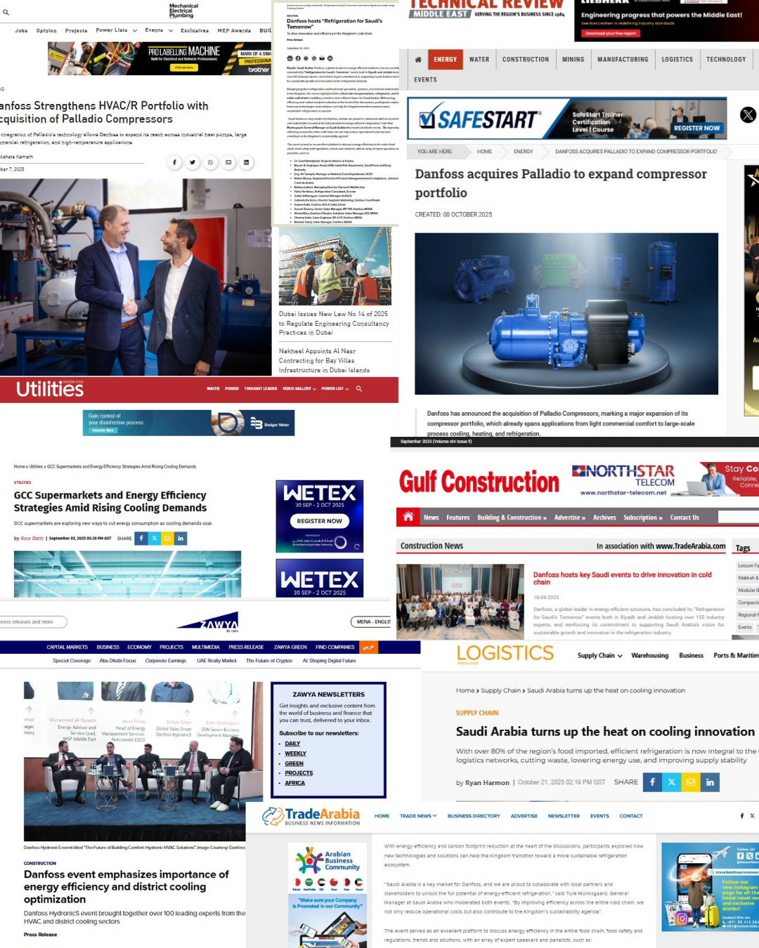 A collage of various news websites related to industrial and construction news, including articles about HVAC technology, compressor acquisitions, energy efficiency strategies, cooling innovation in Saudi Arabia, and construction updates.