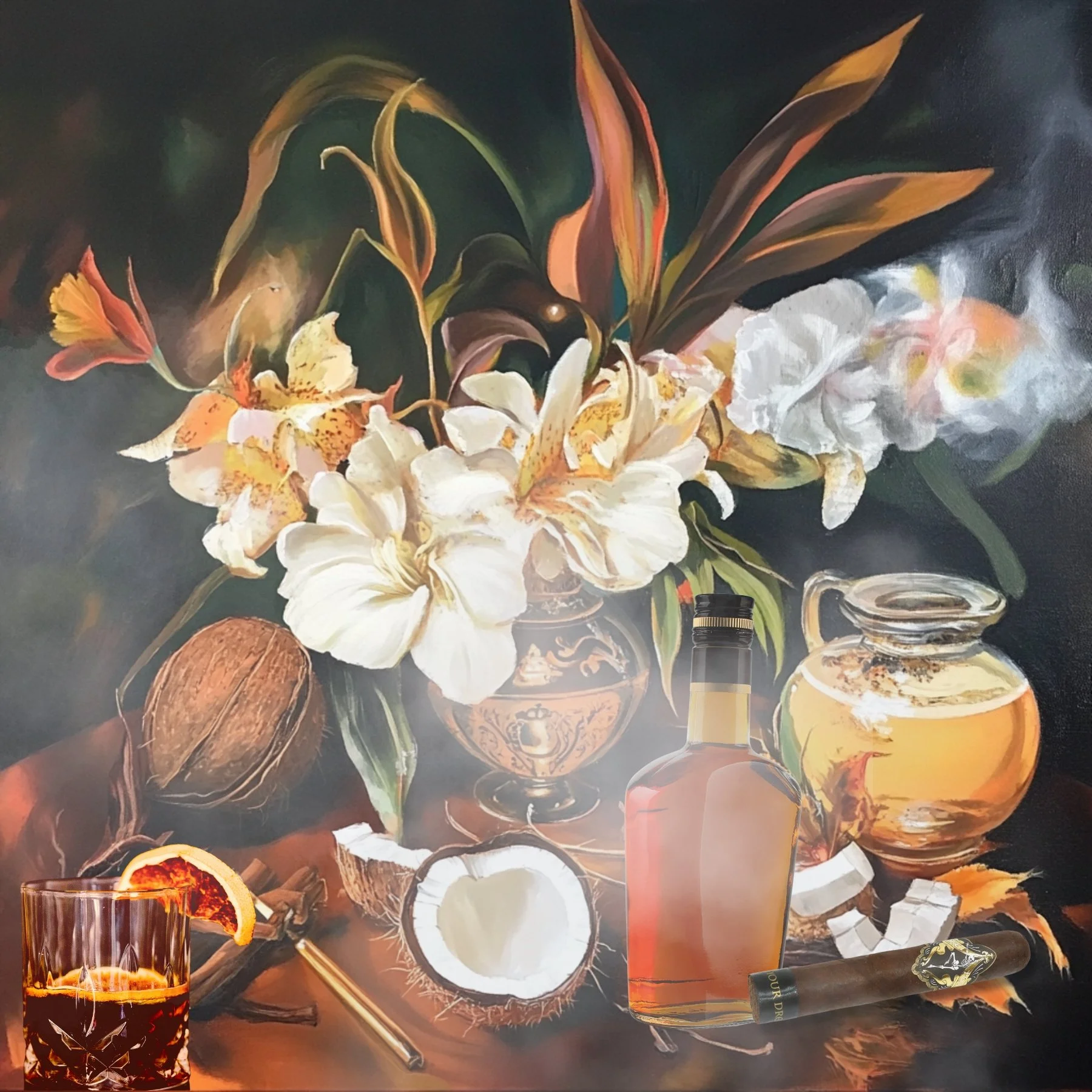 A still life painting of white flowers and dried leaves in a gold ornate vase, with a coconut, a bottle of liquor, a glass of dark beverage with a slice of orange, a cigar, and other objects on a dark background.