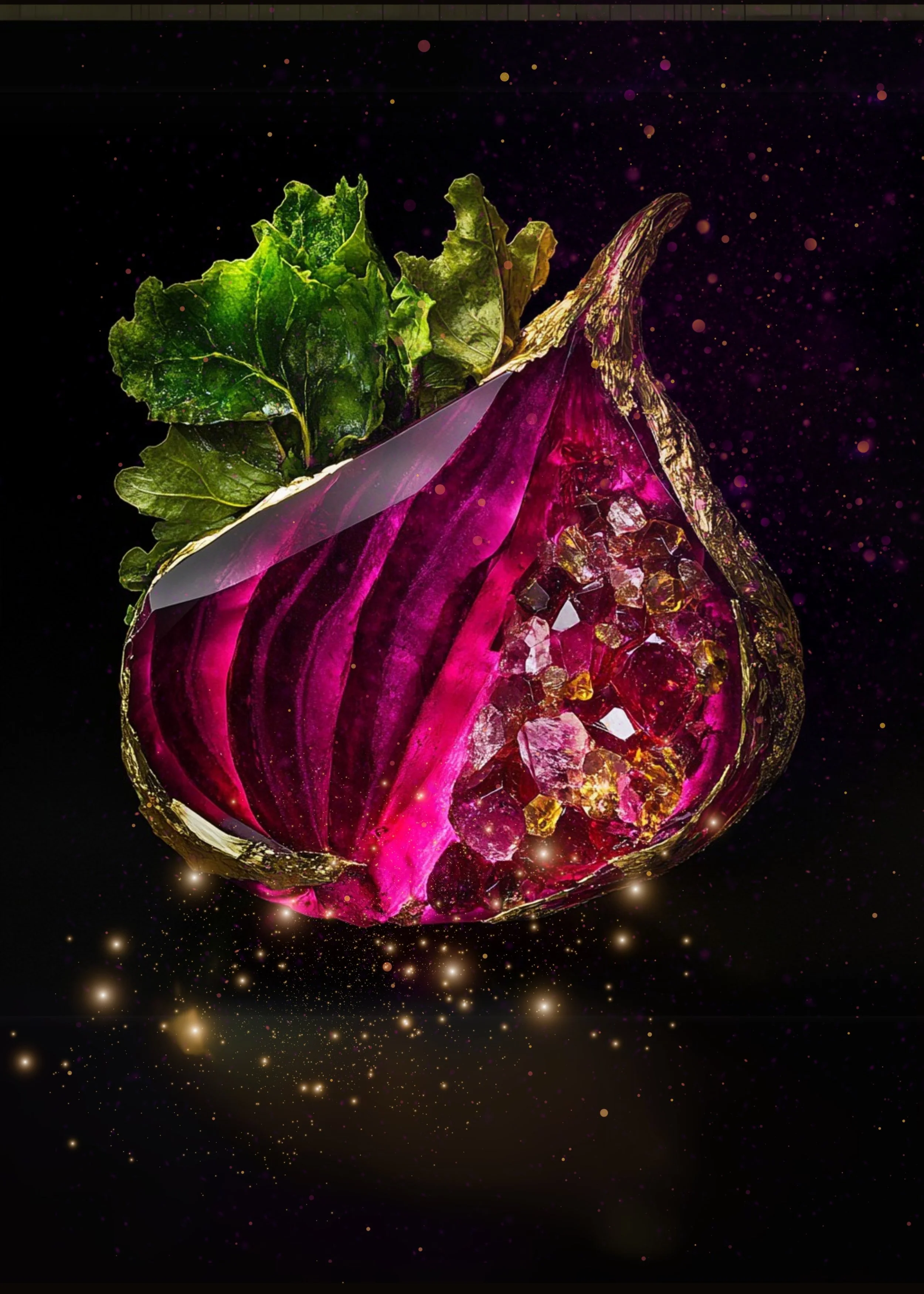A digital artwork of a halved red onion with green leaves on top, surrounded by glowing particles and a dark background.