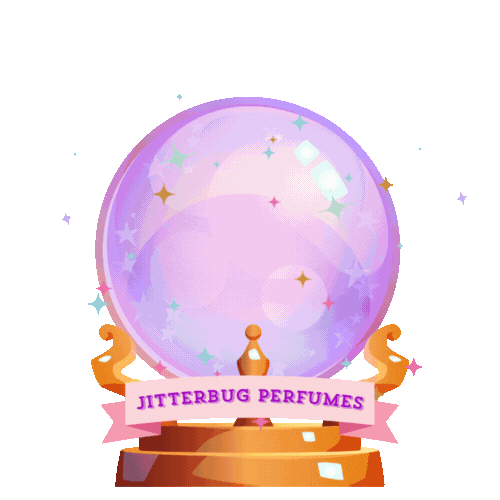 A colorful crystal ball with sparkles, placed on a wooden stand with a pink banner that reads 'Jitterbug Perfumes'.