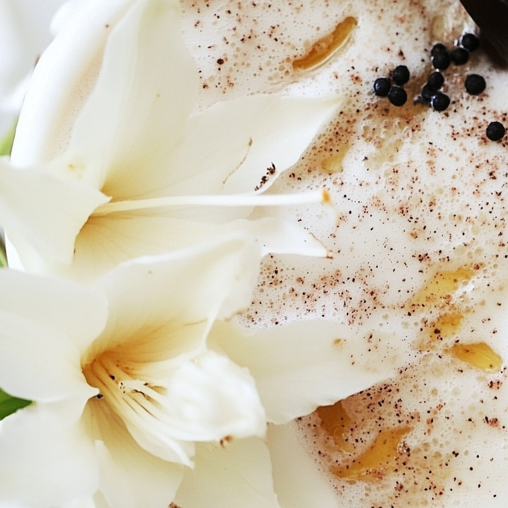 Close-up of a dessert featuring white flowers, foamed topping with cocoa powder, small dark berries, and caramel drizzle.
