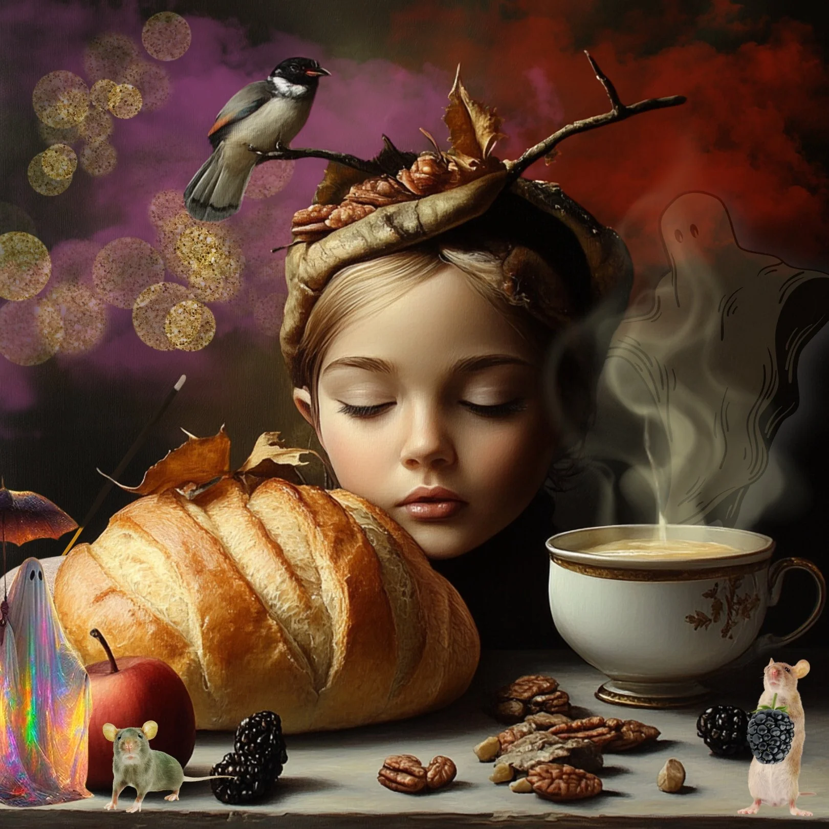 A fantasy scene featuring a young girl with closed eyes, a loaf of bread, a steaming cup of tea or coffee, and various animals including a bird, a mouse, and a hamster, surrounded by autumn leaves, nuts, blackberries, and bubbles, with a colorful background.