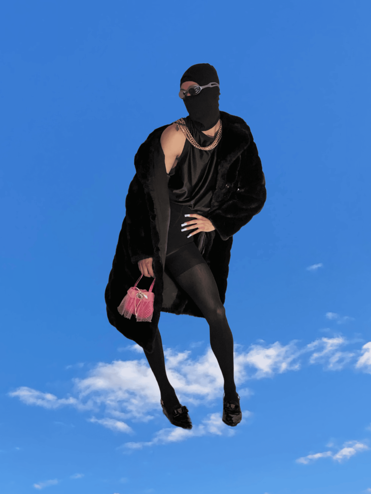 Ave Vanilla - Mademoiselle: A figure in a black fur coat with a pink accessory, captured against a vast, clear blue sky with soft white clouds[cite: 43].