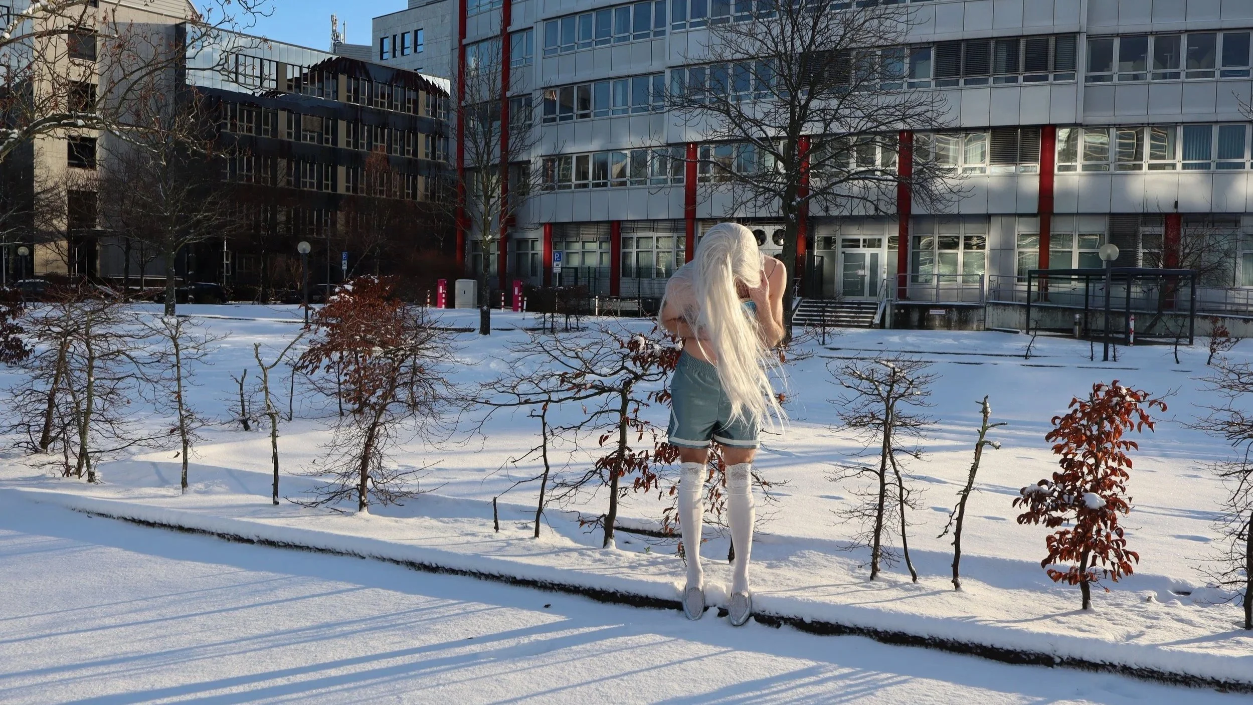 Ave Vanilla - Frozen Vanilla: A wide-angle shot of a lone figure in a snowy plaza before a modernist building, emphasizing themes of isolation and stillness[cite: 24, 44].
