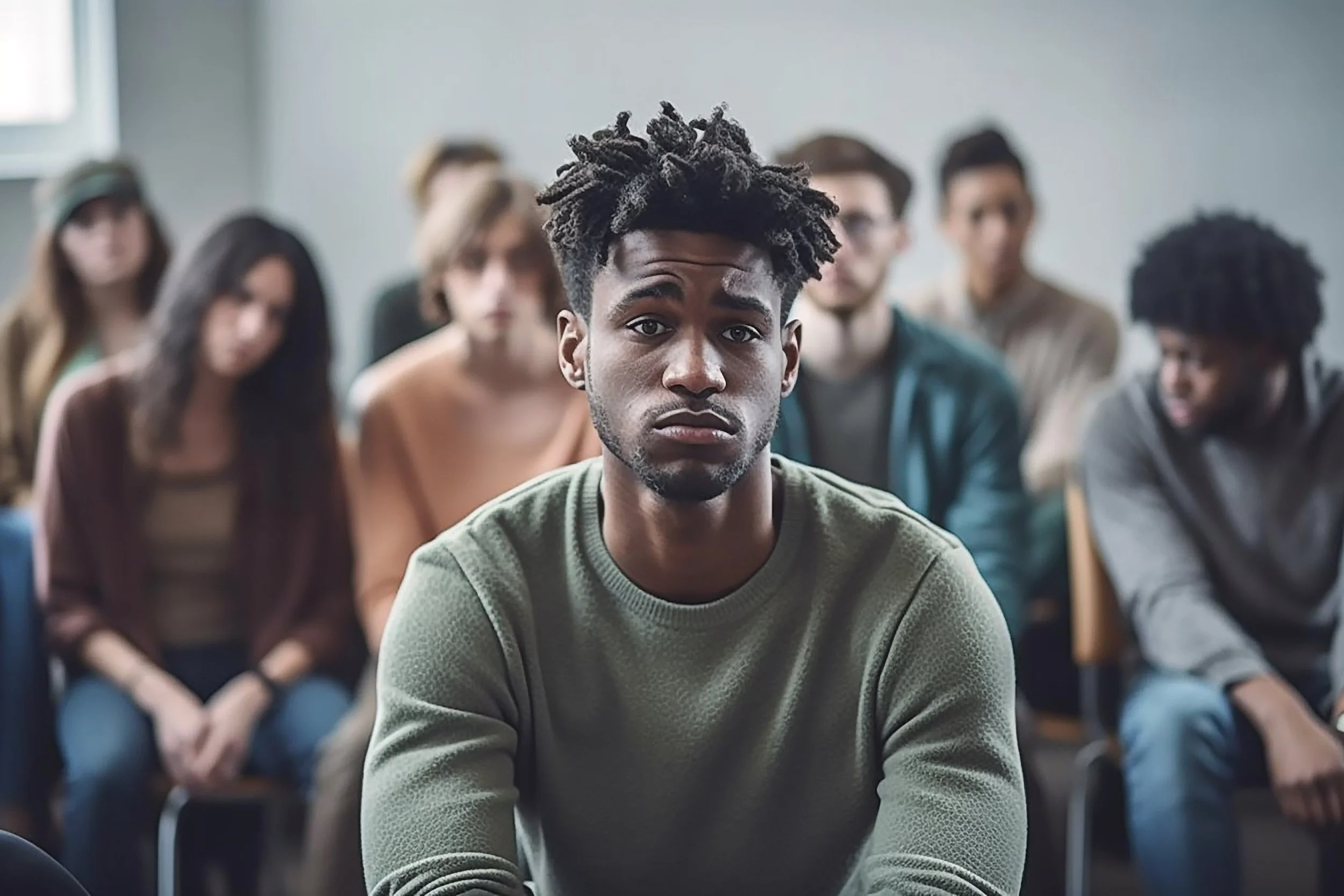 A young man sitting in the foreground with a serious expression, surrounded by a diverse group of people in a classroom or meeting room setting.