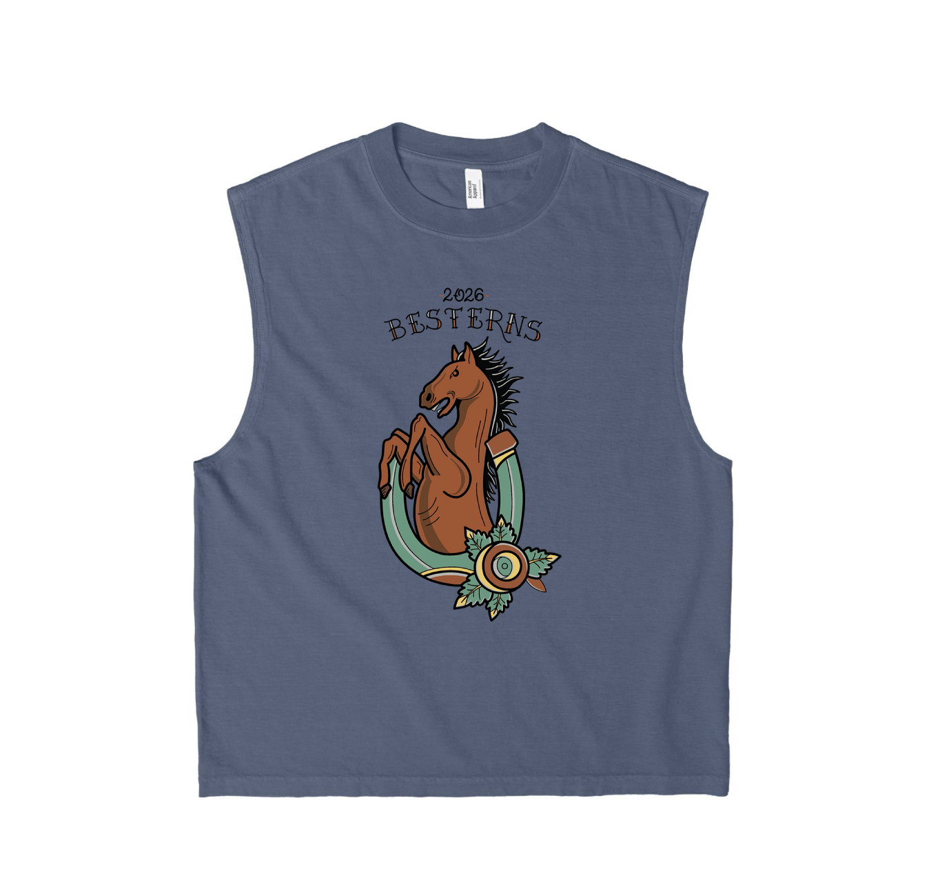 Light colored tank top with Besterns 2026 fierce horse coming out of a horseshoe logo