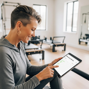 A smiling pilates studio owner reviewing a clean 'Revenue by Service' report on a tablet, showing profits from classes and workshops.