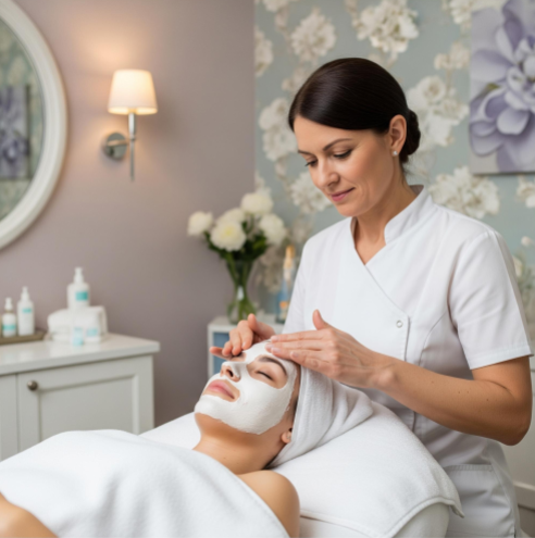 An esthetician providing a relaxing facial to a client in a serene spa environment.