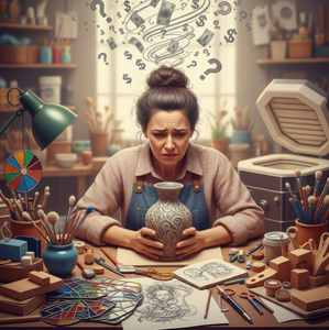 A frustrated artisan at a cluttered craft desk, surrounded by materials and holding a single finished piece, wondering how to price it.