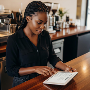 A calm coffee shop manager reviewing a simple, clean sales report on a tablet that shows daily profits, while standing behind the counter.