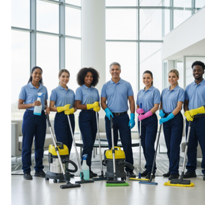 A team of uniformed, professional cleaners smiling and standing with their equipment in a pristine office building lobby.