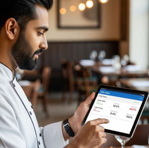 A professional restaurant manager reviewing a clean dashboard on a tablet that shows daily sales, food costs, and labor percentages.