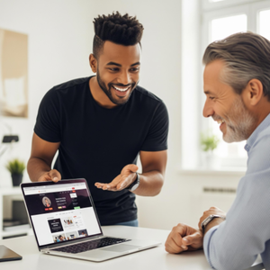 A confident web developer presenting a new website design on a laptop to a happy client.
