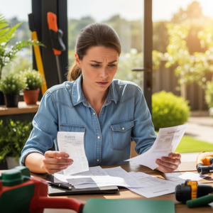 A landscaping business owner looking stressed while reviewing fuel receipts and material invoices, with a work truck in the background.