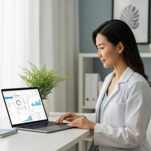 A calm and professional acupuncturist reviewing a clean financial dashboard on a laptop that separates service income from product sales.
