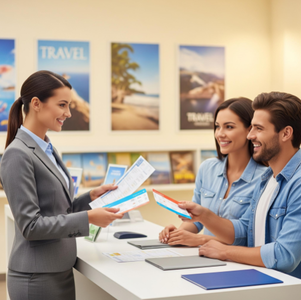 A smiling travel agent handing a travel itinerary and tickets to an excited couple, ready for their vacation.