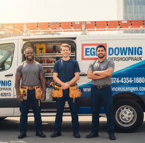 A team of smiling electricians standing in front of their clean, branded work van, ready for the day.