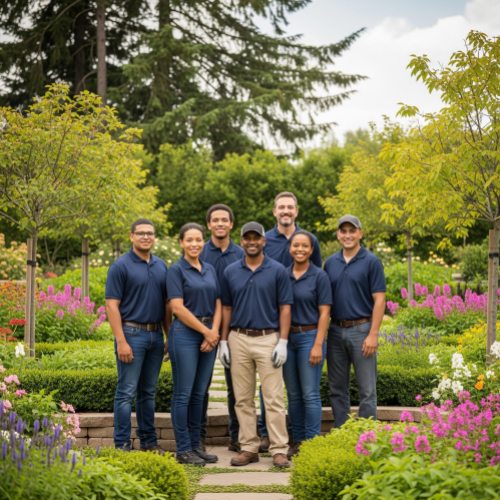 A proud landscaping crew standing together in a beautifully completed garden, with a happy homeowner in the background.
