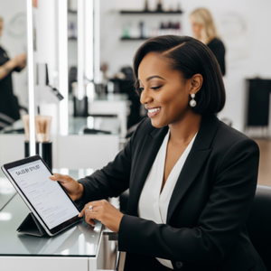 A confident salon owner smiling while reviewing a 'Sales by Stylist' report on a tablet in their chic salon.