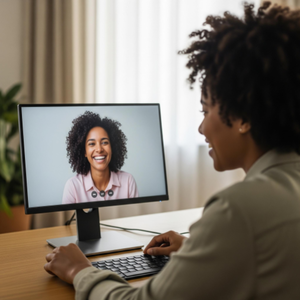A successful independent contractor smiling during a video call with a client, representing a thriving freelance business.