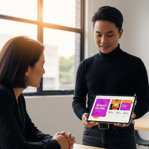 A confident graphic designer presenting a beautiful brand guide to a client on a tablet.