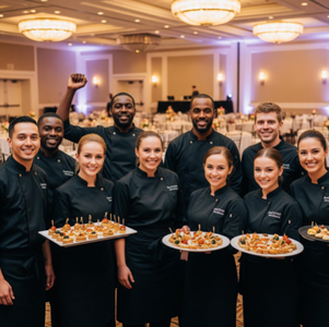 A happy catering team posing together after a successful event, showcasing a professional and successful operation.