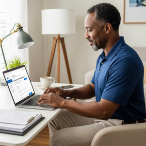 A relaxed independent contractor confidently using a laptop to make an online quarterly estimated tax payment, looking relieved.