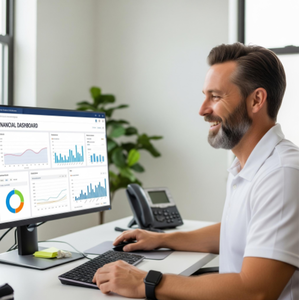 A smiling plumbing business owner looking at a clean financial dashboard on his computer, with his well-maintained service van visible through the office window.