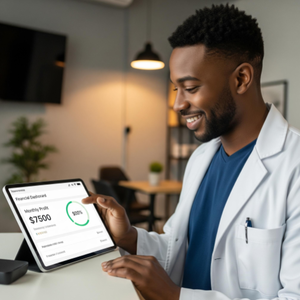 A smiling chiropractor reviewing a simple financial dashboard on a tablet that shows a healthy monthly profit for the clinic.